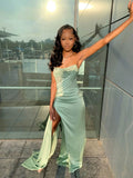 Eleagnt Mermaid Strapless Sage Satin Pleated Slit Long Prom Dresses Formal Dress HZ1024