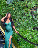 Classy Mermaid Strapless Dark Green Satin Sequin Slit Long Prom Dresses Formal Dress HZ1024