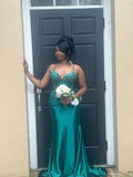 Pretty Mermaid Halter Dark Green Satin Beaded Long Prom Dresses Formal Dress HZ1024