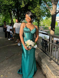 Pretty Mermaid Halter Dark Green Satin Beaded Long Prom Dresses Formal Dress HZ1024