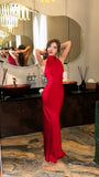 Elegant Mermaid Halter Red Satin Long Prom Dresses Formal Dress HZ1024