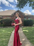 Classy Mermaid Spaghetti Straps Burgundy Satin Long Prom Dresses Formal Dress HZ1024