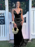 Simple Mermaid Spaghetti Straps Black Satin Long Prom Dresses Formal Dress HZ1024