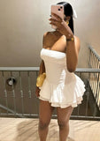 White A Line Strapless Satin Tiered Short Homecoming Dress 17th Birthday Outfits HZ1024