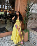 Classy A Line Spaghetti Straps Yellow Satin Slit Long Prom Dresses Formal Dress HZ1024