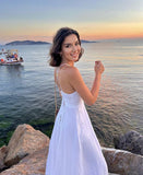 Pretty White A Line Halter Satin Long Prom Dresses Formal Dress HZ1024