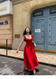 Unique Red A Line Ruffle Spaghetti Straps Satin Long Prom Dresses Formal Dress HZ1024