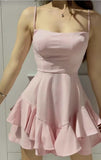 Classy A Line Spaghetti Straps Pink Satin With Ruffle Hem Short Homecoming Dress 18th Birthday Outfits HZ1024