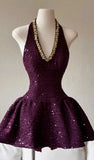 Sparkles A Line Halter Grape Satin Sequin Short Homecoming Dress 21th Birthday Outfits HZ1024
