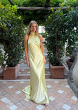 Unique Mermaid Pastel Yellow Halter Satin Backless Long Prom Dresses Formal Dress HZ1024