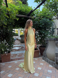 Unique Mermaid Pastel Yellow Halter Satin Backless Long Prom Dresses Formal Dress HZ1024