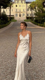 Classy Mermaid Spaghetti Straps Satin Lace Long Prom Dresses Formal Dress HZ1024