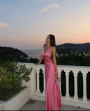 Classy Mermaid Halter Satin Lace Long Prom Dresses Formal Dress HZ1024