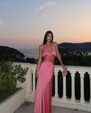 Classy Mermaid Halter Satin Lace Long Prom Dresses Formal Dress HZ1024