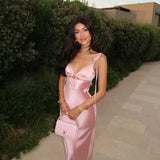 Sexy Mermaid Spaghetti Straps Pink Satin Long Prom Dresses Formal Dress HZ1024