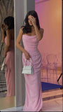 Elegant Simple Mermaid Strapless Pink Satin Long Prom Dresses Formal Dress HZ1024