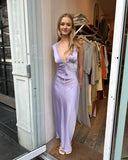 Lilac Mermaid V Neck Satin Lace Long Prom Dresses Formal Dress HZ1024