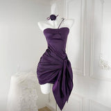 Dark Purple Mermaid One Shoulder Satin Pleated Short Homecoming Dress 19th Birthday Outfits HZ1024