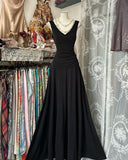 Modest A Line V Neck Black Satin Long Prom Dresses Formal Dress HZ1024