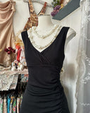 Modest A Line V Neck Black Satin Long Prom Dresses Formal Dress HZ1024