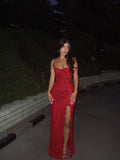 Burgundy Mermaid Spaghetti Straps Satin Applique Slit Long Prom Dresses Formal Dress HZ1024