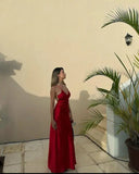 Elegant Burgundy Mermaid Spaghetti Straps Satin Long Prom Dresses Formal Dress HZ1024