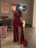 Chic A Line Strapless Burgundy Satin Long Prom Dresses Formal Dress HZ1024