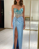 Gorgeous Mermaid Sweetheart Satin Beads Pleated Slit Long Prom Dresses Formal Dress HZ1024