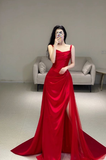Modest Red A Line Spaghetti Straps Satin Slit Long Prom Dresses Formal Dress HZ1024