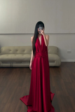 Classy Burgundy A Line Halter Satin Long Prom Dresses Formal Dress HZ1024