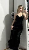 Modest Mermaid Spaghetti Straps Black Satin Long Prom Dresses Formal Dress HZ1024