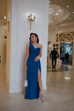 Modest Mermaid One Shoulder Satin Pleated Slit Long Prom Dresses Formal Dress HZ1024