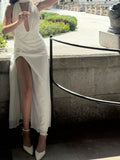 Elegant Mermaid Halter Satin Chiffon Slit Long Prom Dresses Formal Dress HZ1024