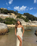 Impress Mermaid Strapless Pleated Satin Slit Long Prom Dresses Formal Dress HZ1024