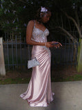 Gorgeous Pink Mermaid Spaghetti Straps Pleated Satin Slit Sequin Beads Long Prom Dresses Formal Dress HZ1024