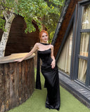 Elegant Mermaid Strapless Black Satin Long Prom Dresses Formal Dress HZ1024