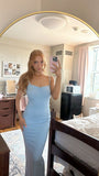 Bodycon Pale Blue Mermaid Spaghetti Straps Satin Long Prom Dresses Formal Dress HZ1024