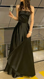 Elegant A Line Strapless Black Satin Long Prom Dresses Formal Dress HZ1024