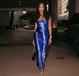 Chic Mermaid Spaghetti Straps Satin Long Prom Dresses Formal Dress HZ1024