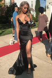 Sexy Sheath Mermaid Strapless V Neck Black Satin Slit Long Prom Dresses Formal Dress HZ1024