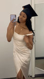 Modest Mermaid U Neck Pleated Satin Slit Long Prom Dresses Formal Dress HZ1024