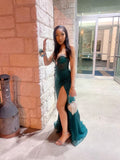 Shiny Mermaid Sweetheart Dark Green Satin Tulle Sequin Beads Slit Long Prom Dresses Formal Dress HZ1024