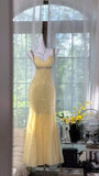Shiny Mermaid Sweetheart Pastel Yellow Satin Sequin Long Prom Dresses Formal Dress HZ1024