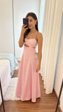 Elegant A Line Spaghetti Straps Pink Satin Hollow Long Prom Dresses Formal Dress HZ1024