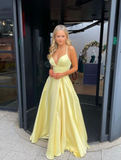 Classy A Line Spaghetti Straps Pastel Yellow Satin Long Prom Dresses Formal Dress HZ1024
