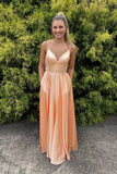 Elegant A Line Spaghetti Straps Pastel Orange Satin With Pocket Long Prom Dresses Formal Dress HZ1024