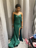 Chic Mermaid Strapless Dark Green Satin Sequin Slit Long Prom Dresses Formal Dress HZ1024