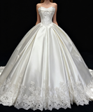 Dreamy Ball Gown Strapless Satin Lace Long Wedding Dresses HZ1024