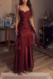 Modest Mermaid Spaghetti Straps Burgundy Satin Long Prom Dresses Formal Dress HZ1024
