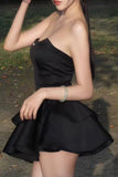 Chic Strapless Black Satin Short Prom Dresses Layered Black Homecoming Dresses HZ1024